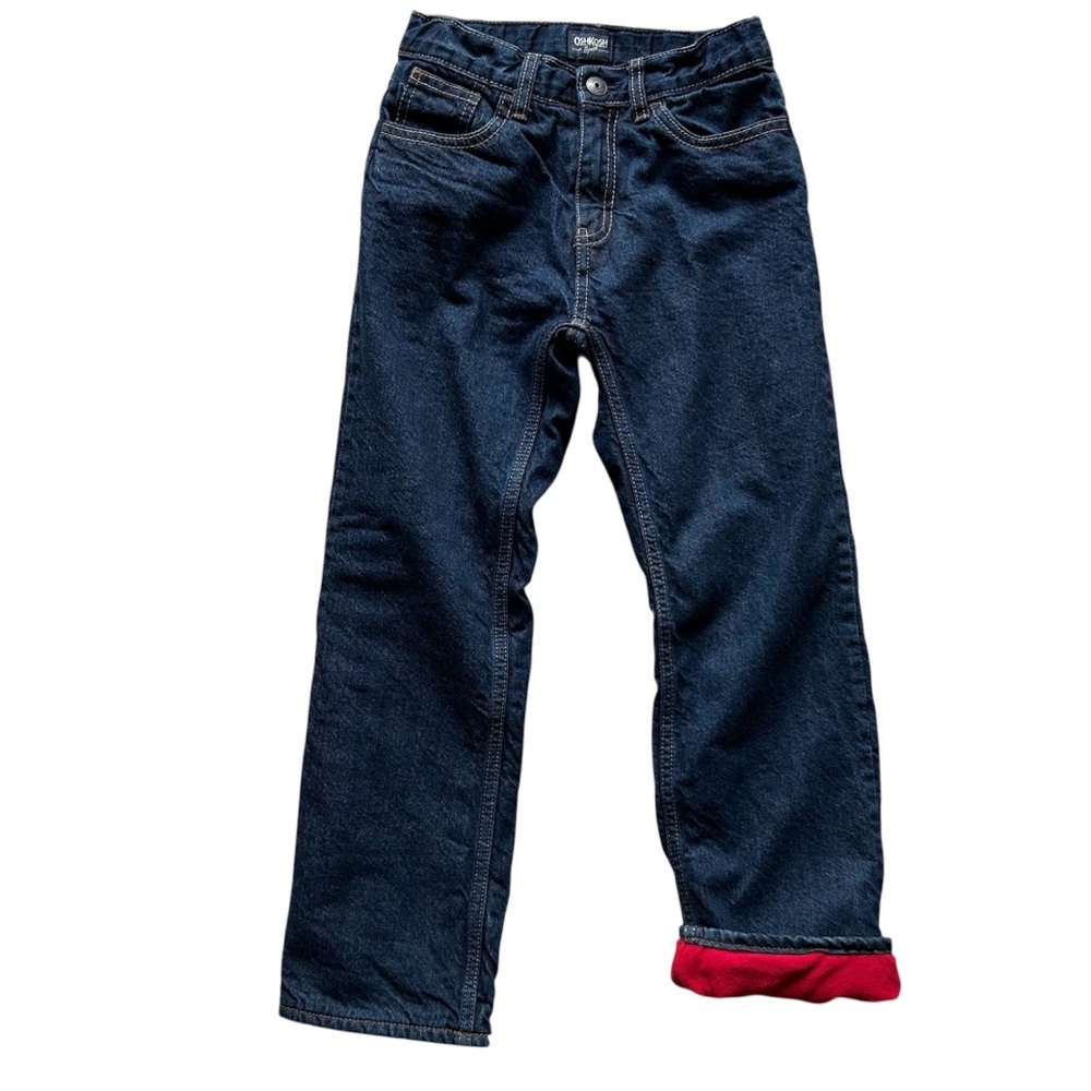 OshKosh B’Gosh Denim Jeans Lined In Red Fleece
Snap Plus Zipper Adjustable Sz 8
